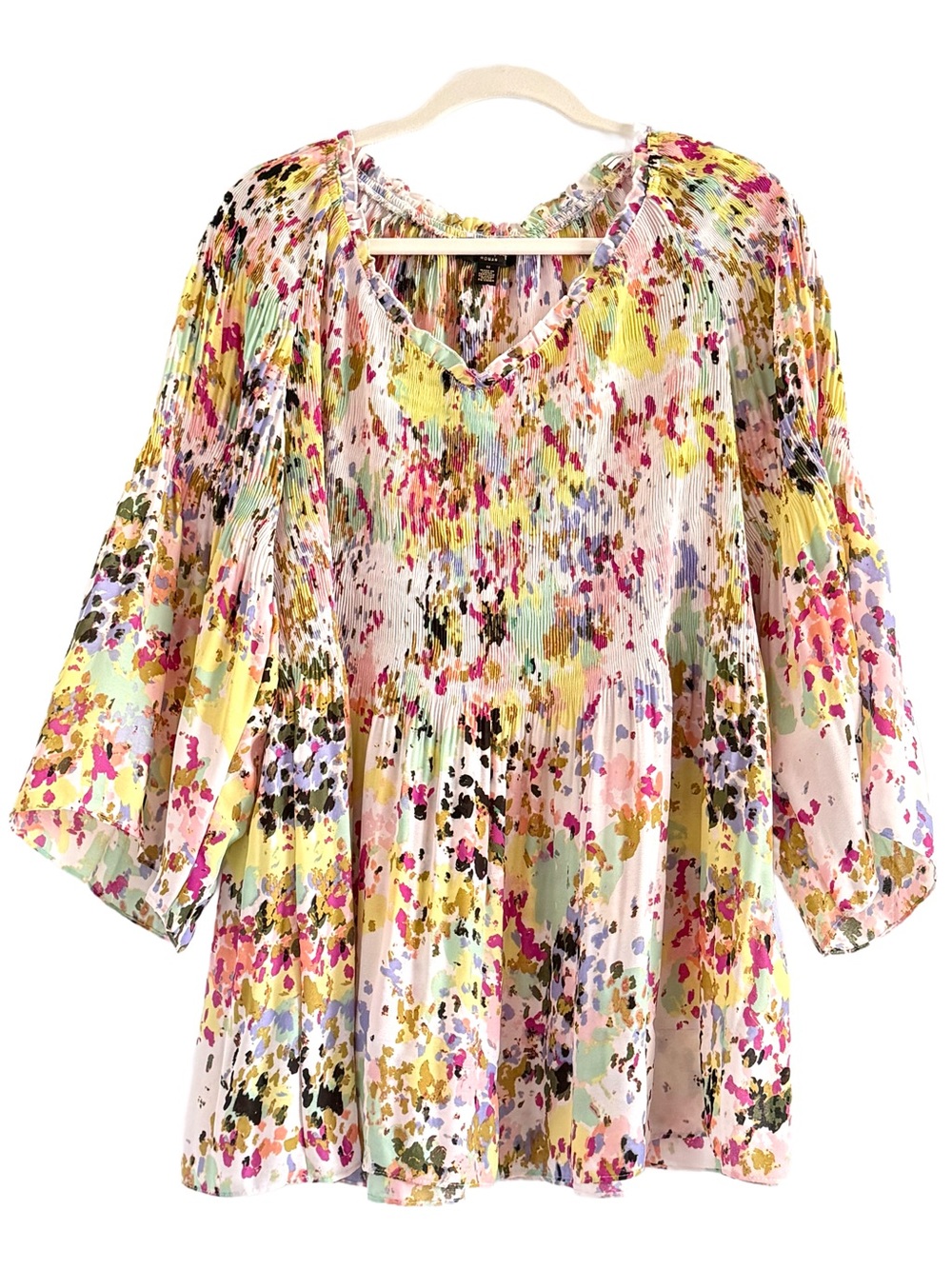 Melissa Paige Floral Pleated V-Neck Peasant Top - Multicolor 1X